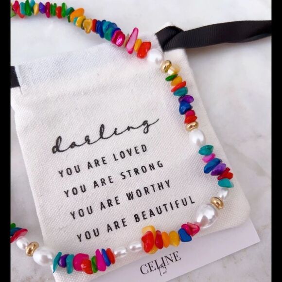 Celine13 Women’s Multicolored Stone & Pearl Bohemian Choker Necklace with‎ Pouch - Picture 1 of 3